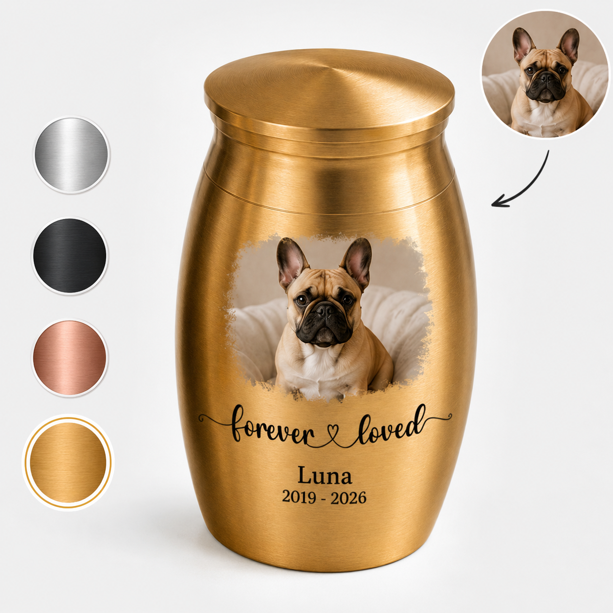 Forever Loved Photo Mini Urn – Personalized Pet Memorial Urn, Custom Dog Cat Ashes Keepsake with Name & Year