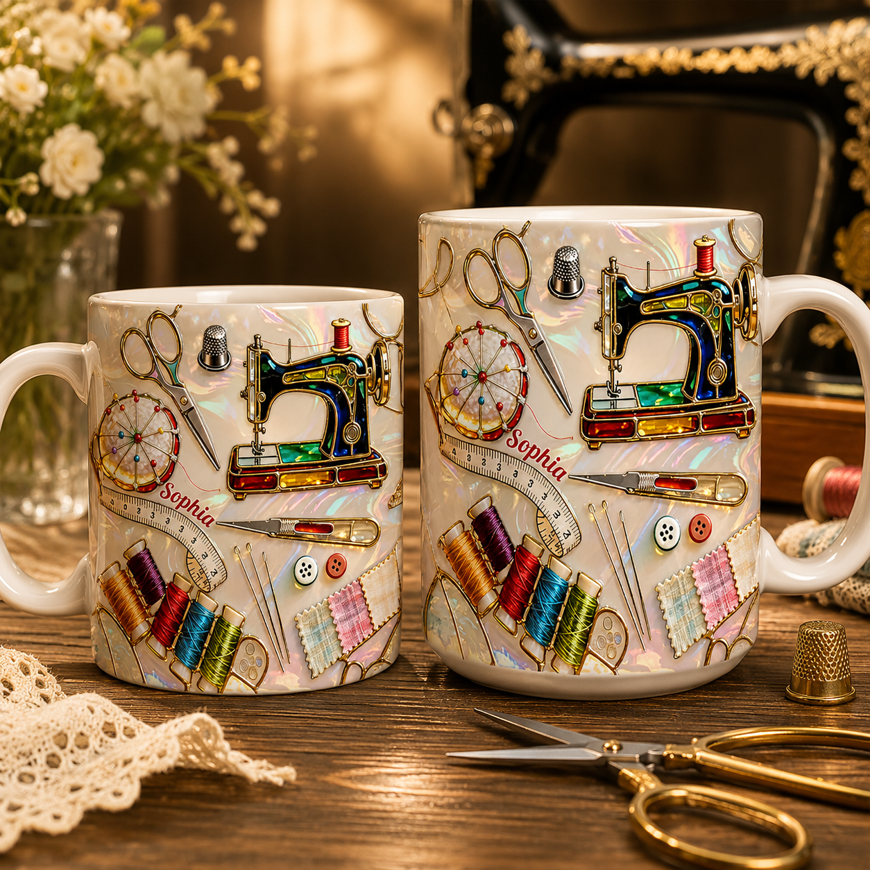 Liebe Näh-Buntglas-Tasse – Personalisiertes Geschenk für Nähliebhaber