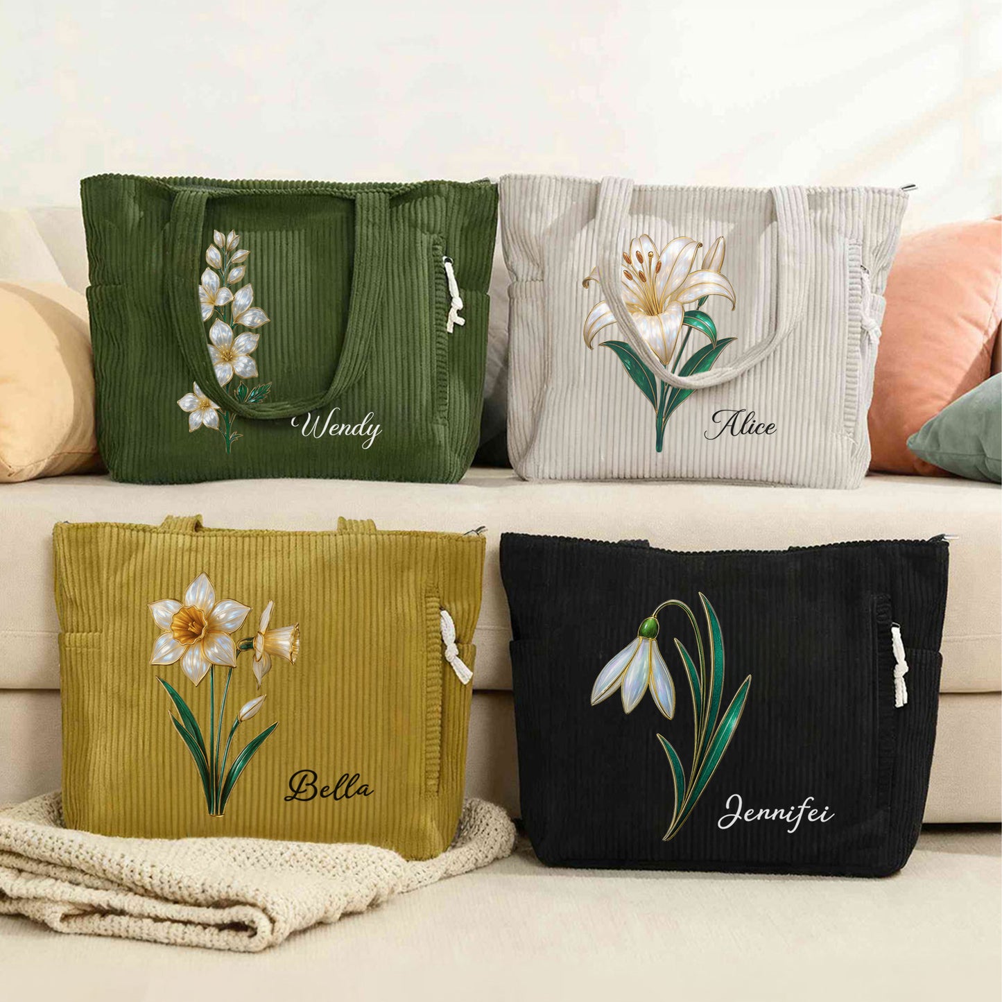 Custom Name Mother of Pearl Effect Birth Flower Corduroy Tote Bag, Large Capacity Zippered Handbag with Side Pockets, Birthday Gift for Her/Mom/Women