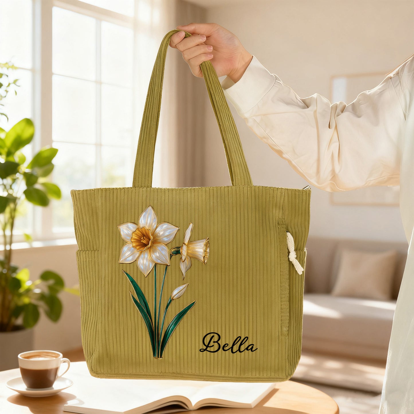 Custom Name Mother of Pearl Effect Birth Flower Corduroy Tote Bag, Large Capacity Zippered Handbag with Side Pockets, Birthday Gift for Her/Mom/Women