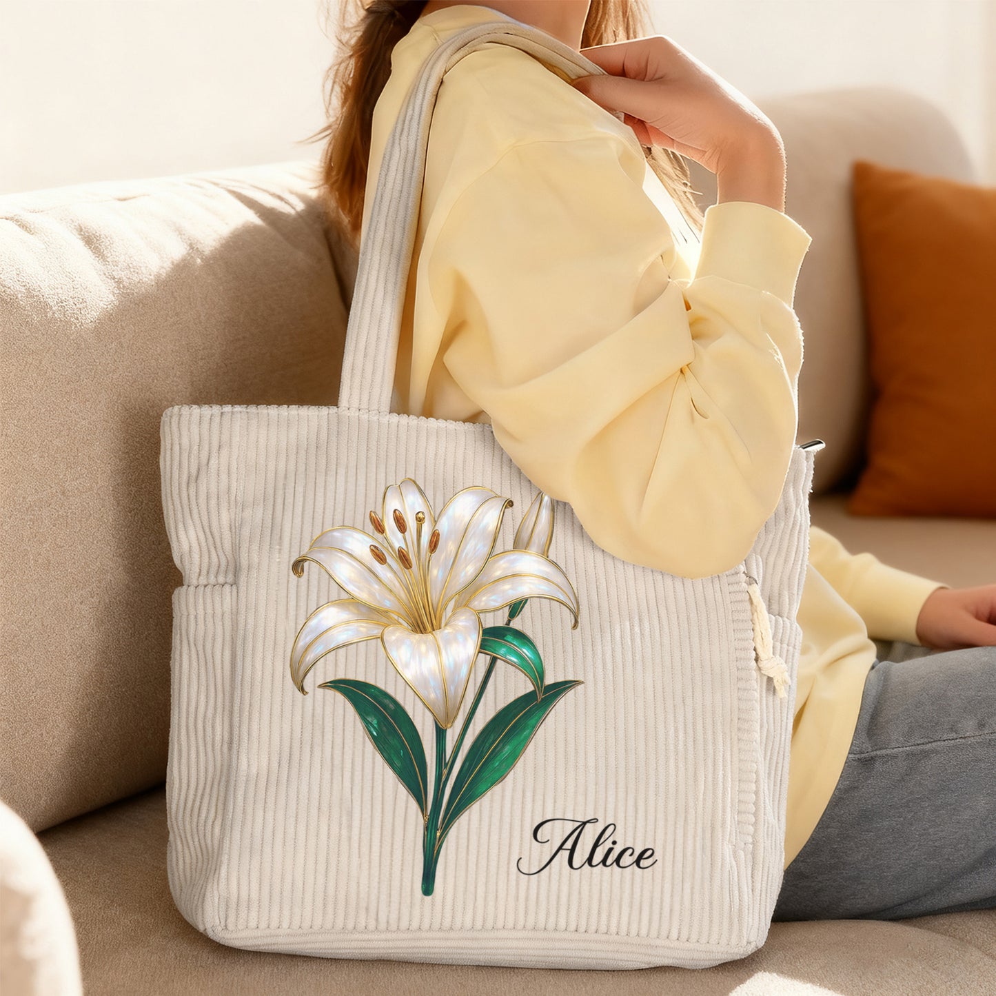 Custom Name Mother of Pearl Effect Birth Flower Corduroy Tote Bag, Large Capacity Zippered Handbag with Side Pockets, Birthday Gift for Her/Mom/Women