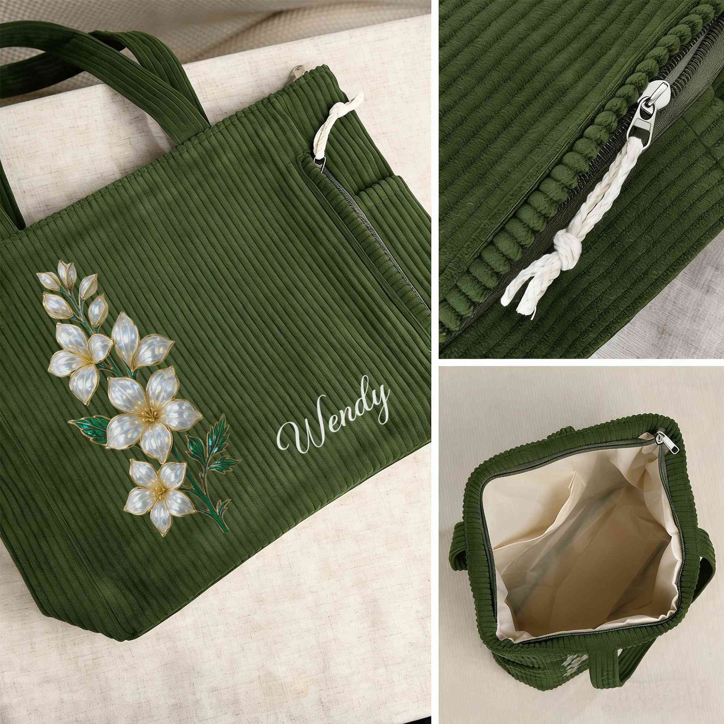 Custom Name Mother of Pearl Effect Birth Flower Corduroy Tote Bag, Large Capacity Zippered Handbag with Side Pockets, Birthday Gift for Her/Mom/Women