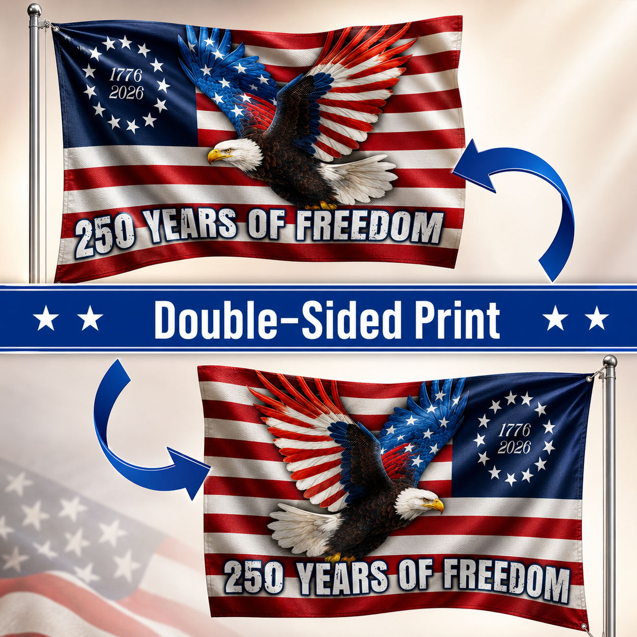 250 Years of Freedom Betsy Ross Eagle Flag – 1776–2026 Patriotic Decor