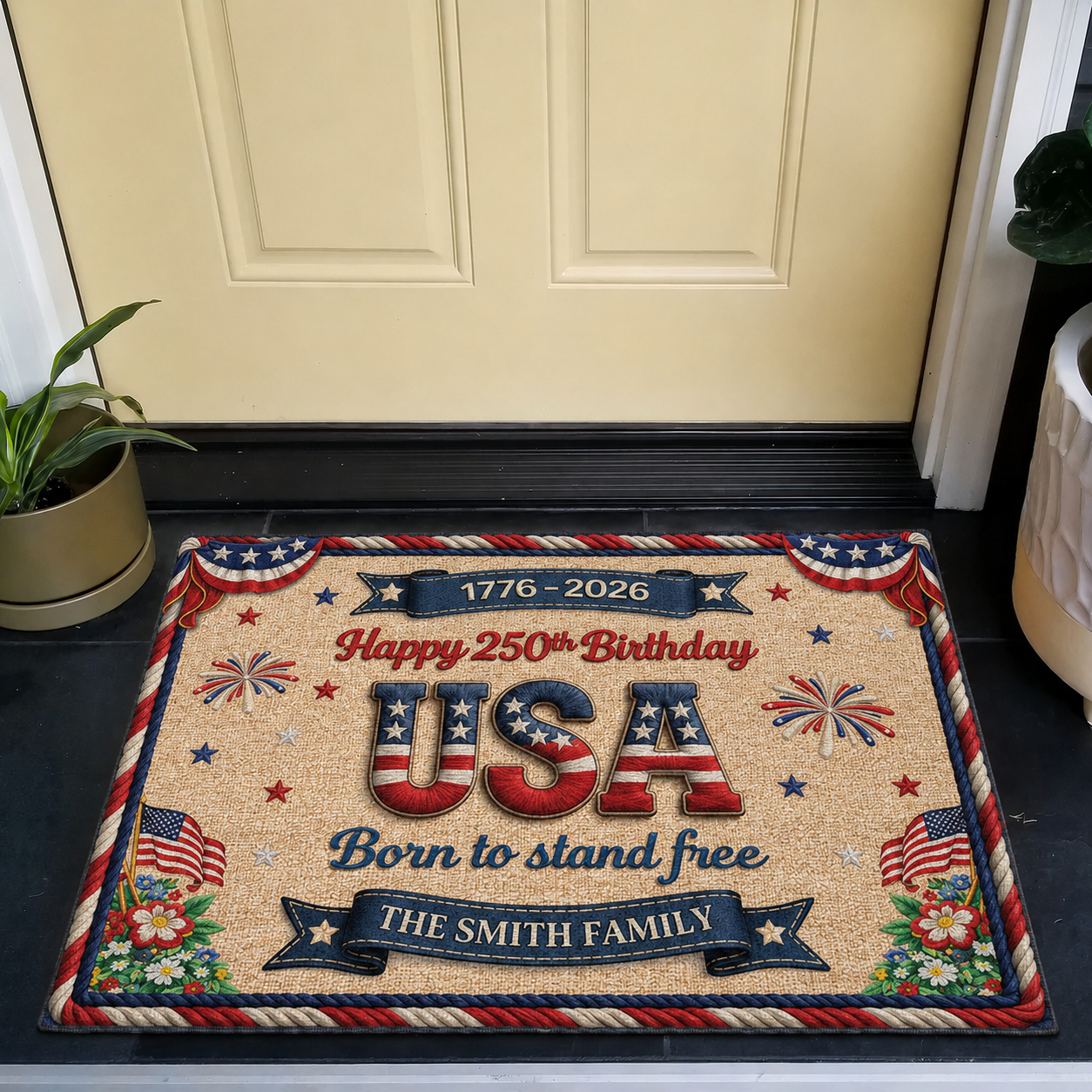 Happy 250th Birthday USA Doormat – Personalized America 250 Family Name Mat