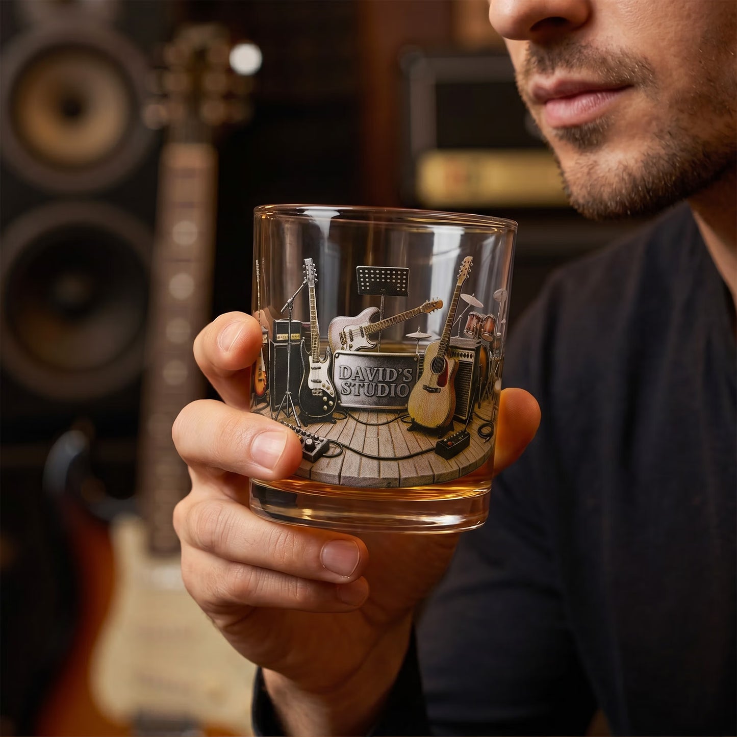 Personalized Guitar Studio Themed 10oz Whiskey Glass with Name, Birthday/Anniversary Gift for Guitarists/Music Lovers