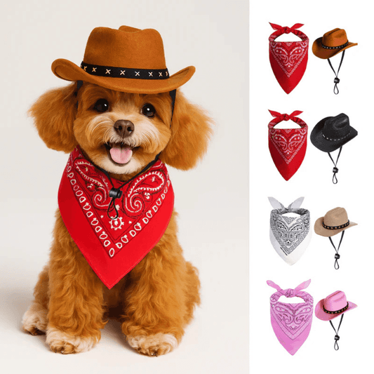 Cowboy Hat & Bandana - Pet Cowboy Costume Set in multiple colors and sizes, shown on a cute dog for parties, photos, or everyday flair.