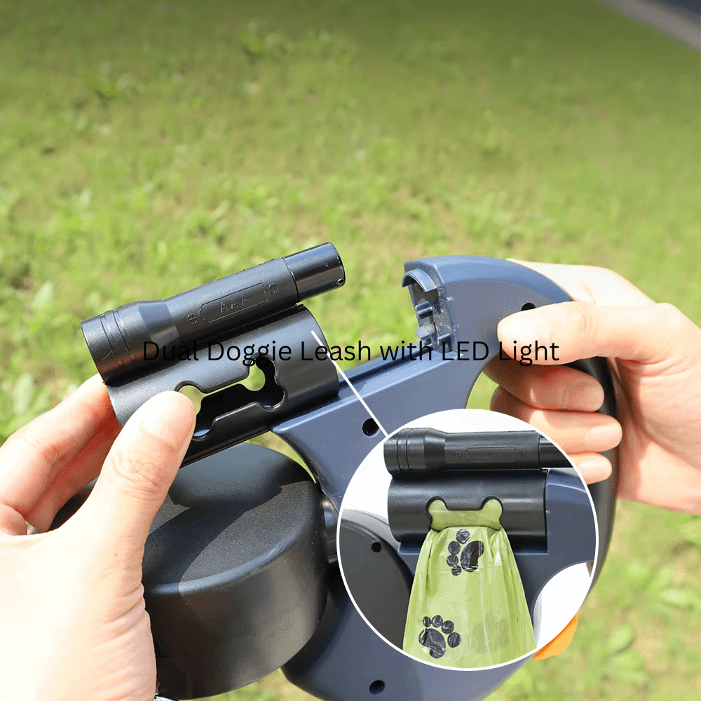 Dual Dog Leash with LED Light features built-in poop bag holder and flashlight, ideal for convenient pet walks day or night.