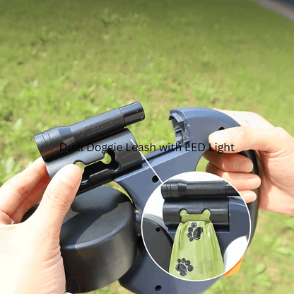 Dual Dog Leash with LED Light features built-in poop bag holder and flashlight, ideal for convenient pet walks day or night.