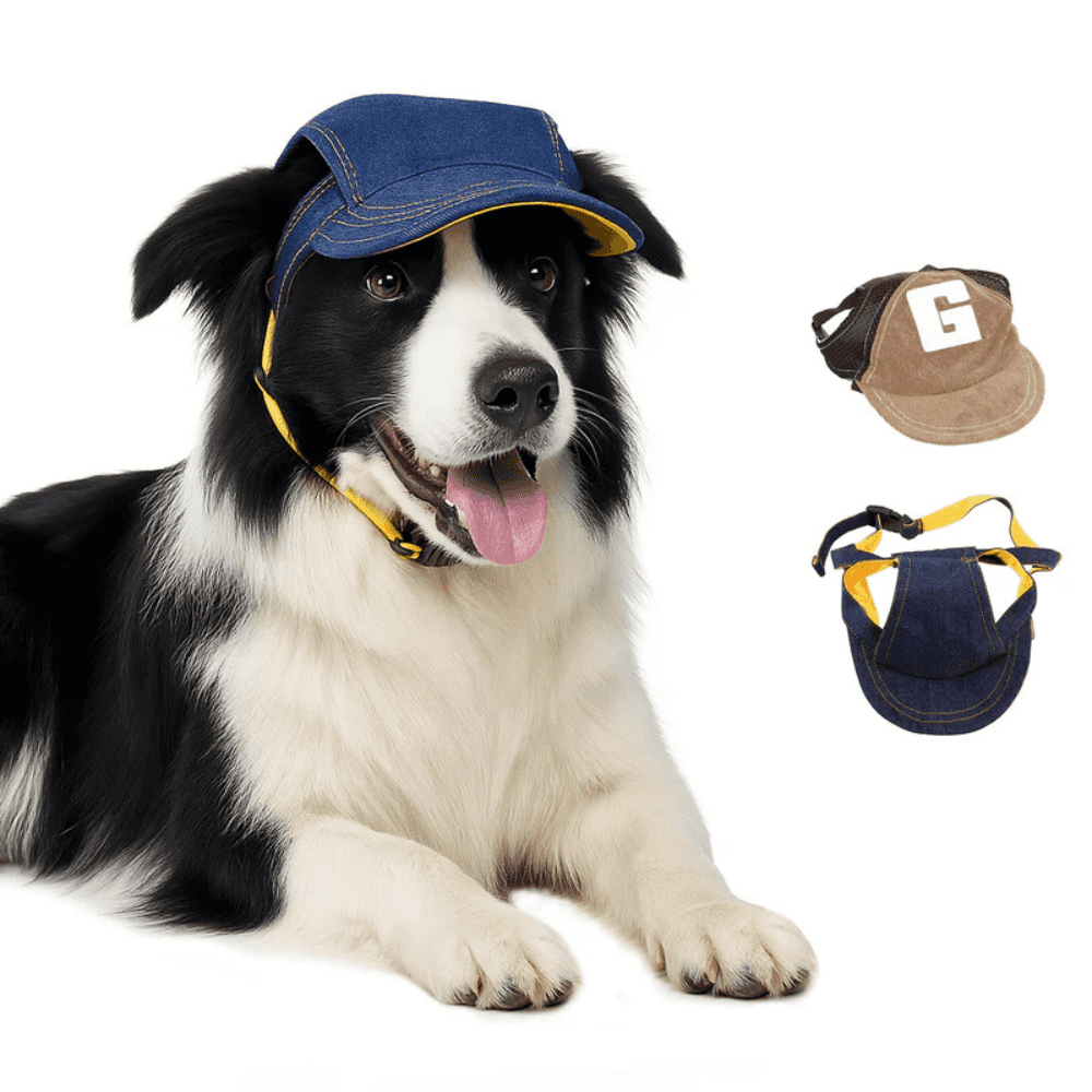 Denim Dog Cap - Durable Dog Hat for All Seasons shown on a black and white dog with two color variations displayed beside it. Ideal for sun protection.