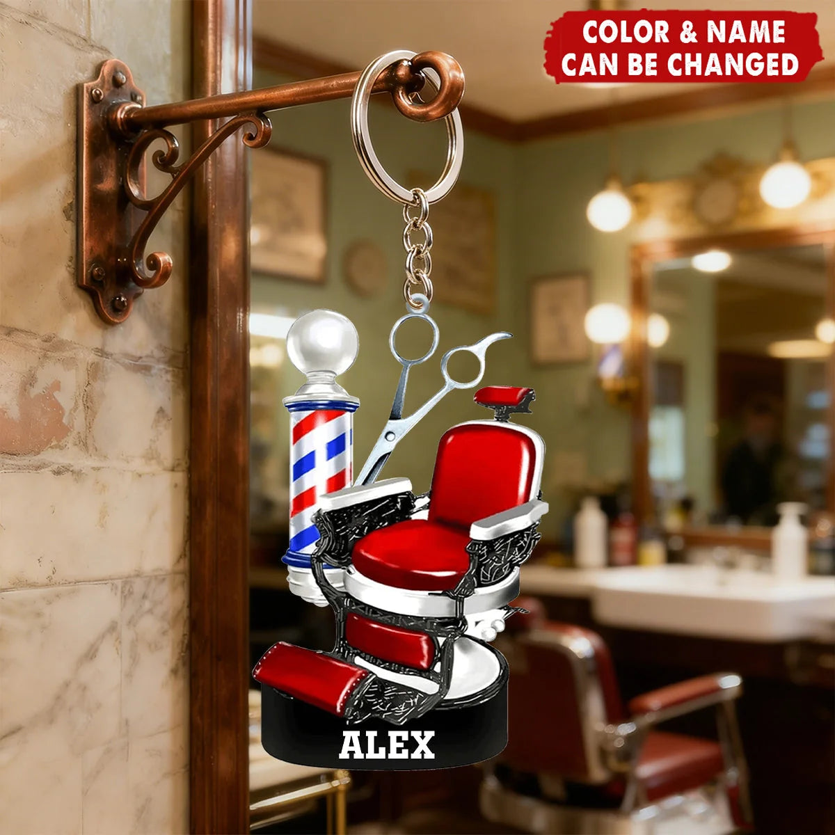 Personalized Barber Chair 3D Effect Keychain, Custom Name Barber Acrylic Keyring, Hair Stylist Barbershop Gift for Barber Men Women