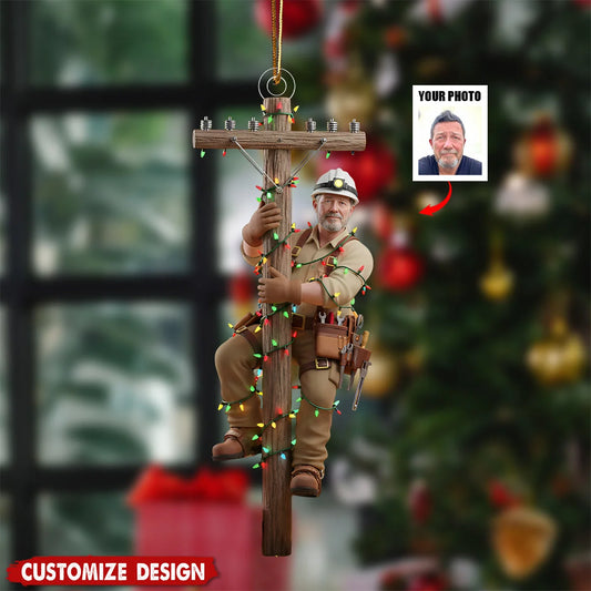 Personalized Lineman 3D Effect Photo Christmas Ornament, Custom Electrician Utility Worker Acrylic Ornament, Power Lineman Gift for Husband Dad Coworker