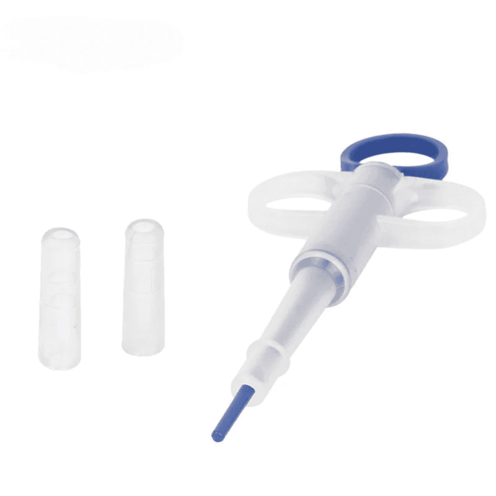 Dogs Cats Feeding Medicine syringe with blue tip and two soft silicone nozzles for administering pills or liquid to pets.