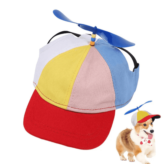 Colorful Dog Hats Propeller with red brim and spinning top, offering sun protection and fun style for pets. Ideal for outdoor dog adventures.