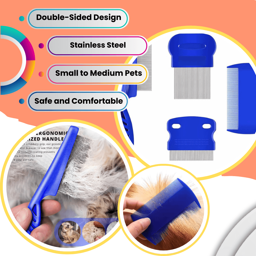 COMBO - Peine de acero inoxidable de doble cara para pulgas y piojos para gatos y perros