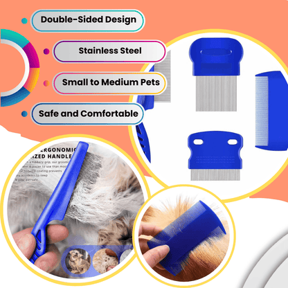 COMBO - Peine de acero inoxidable de doble cara para pulgas y piojos para gatos y perros