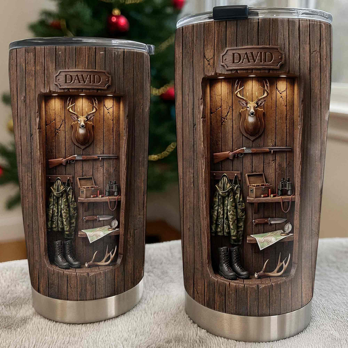 Personalized Hunting Spirit Deer Cabin Tumbler – Custom Name Stainless Steel Travel Mug Gift for Hunters & Dad