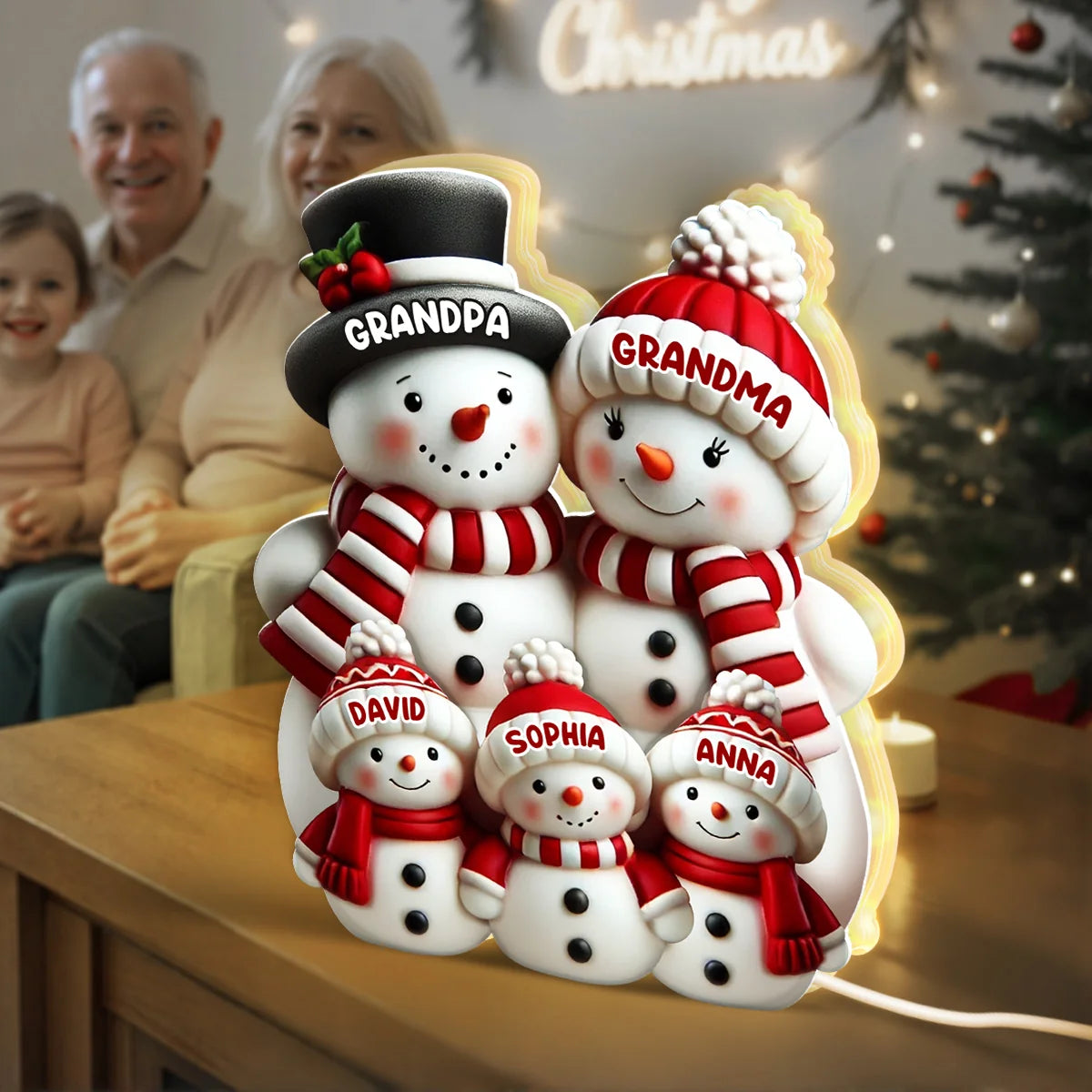 Personalized Snowman Family Light Box with Names, 2D Flat Printed 3D Effect Christmas Decor, Gift for Grandma Grandpa Parents Family