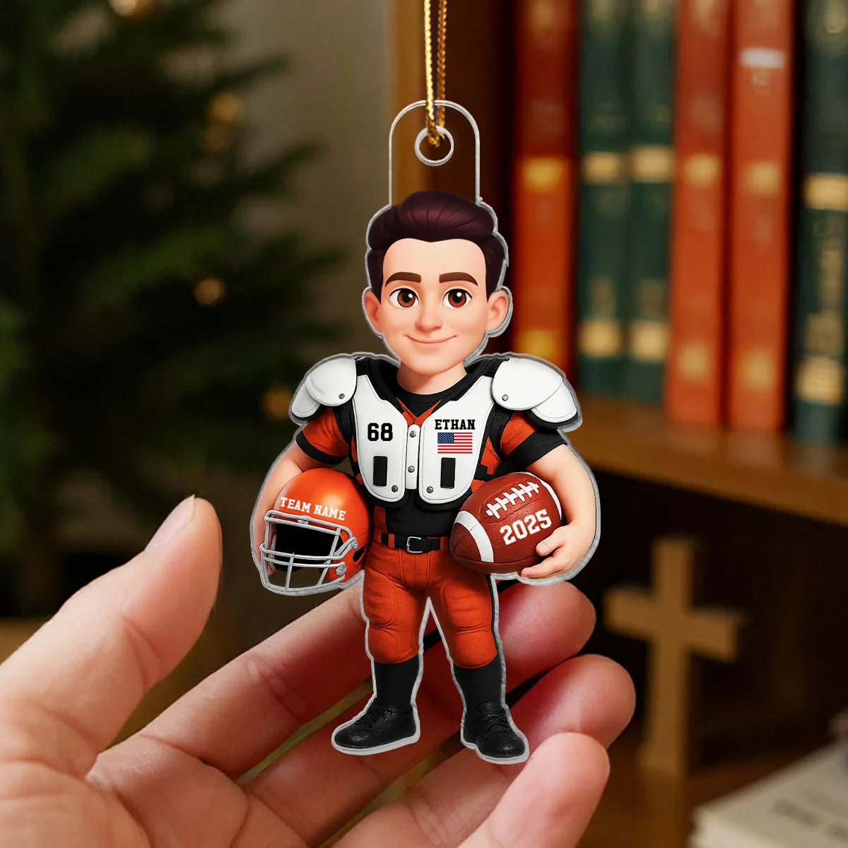 Personalized American Football Player Car Ornament, 3D Effect Acrylic Hanger, Gift for Football Lover Son Grandson Husband Dad