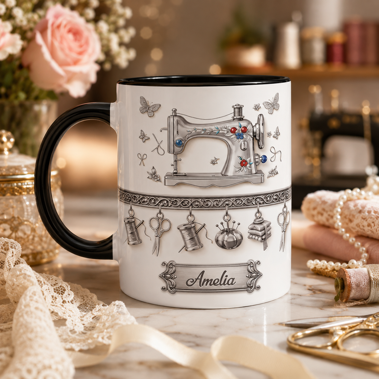 Personalisierte Nähmaschinen-Tasse – Geschenk für sie mit 3D-Effekt