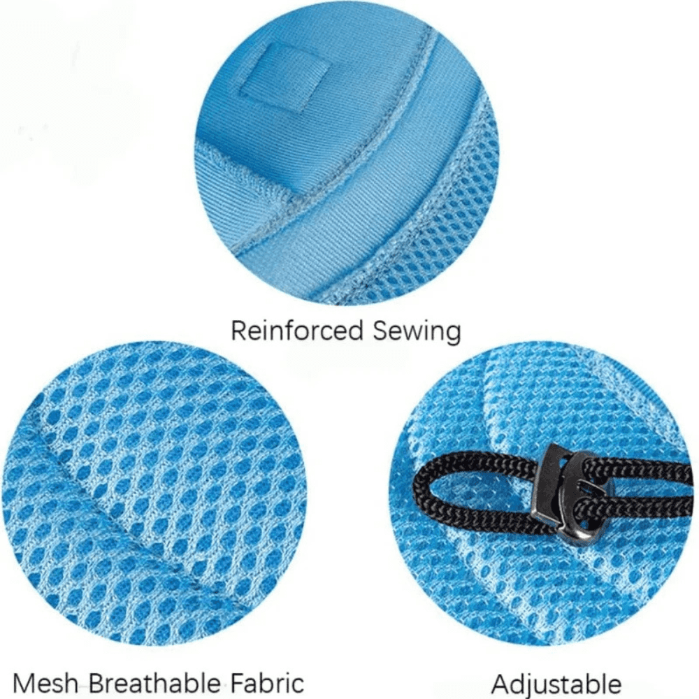Close-up of Mesh Pet Sun Hat features including reinforced sewing, breathable mesh fabric, and adjustable chin strap for secure fit.