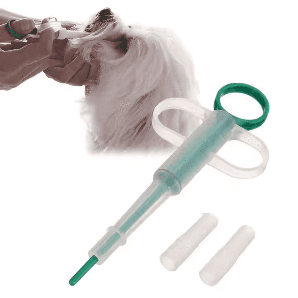 Dogs Cats Feeding Medicine syringe with green tip shown beside two soft nozzles, used for feeding pets pills or liquid medicine.