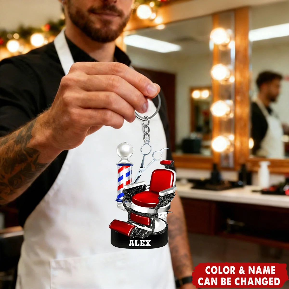 Personalized Barber Chair 3D Effect Keychain, Custom Name Barber Acrylic Keyring, Hair Stylist Barbershop Gift for Barber Men Women