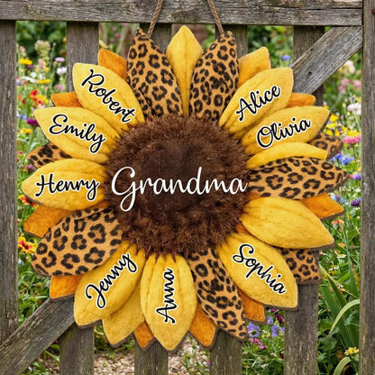Personalisiertes Sonnenblumen-Familienname-Holztürschild für Mama oder Oma Geschenk – Unser Familienherz Andenken