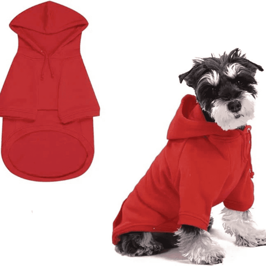 Red dog hoodie with leash hole shown on a small Schnauzer, made from stretchy, durable cotton blend fleece for comfort and warmth.