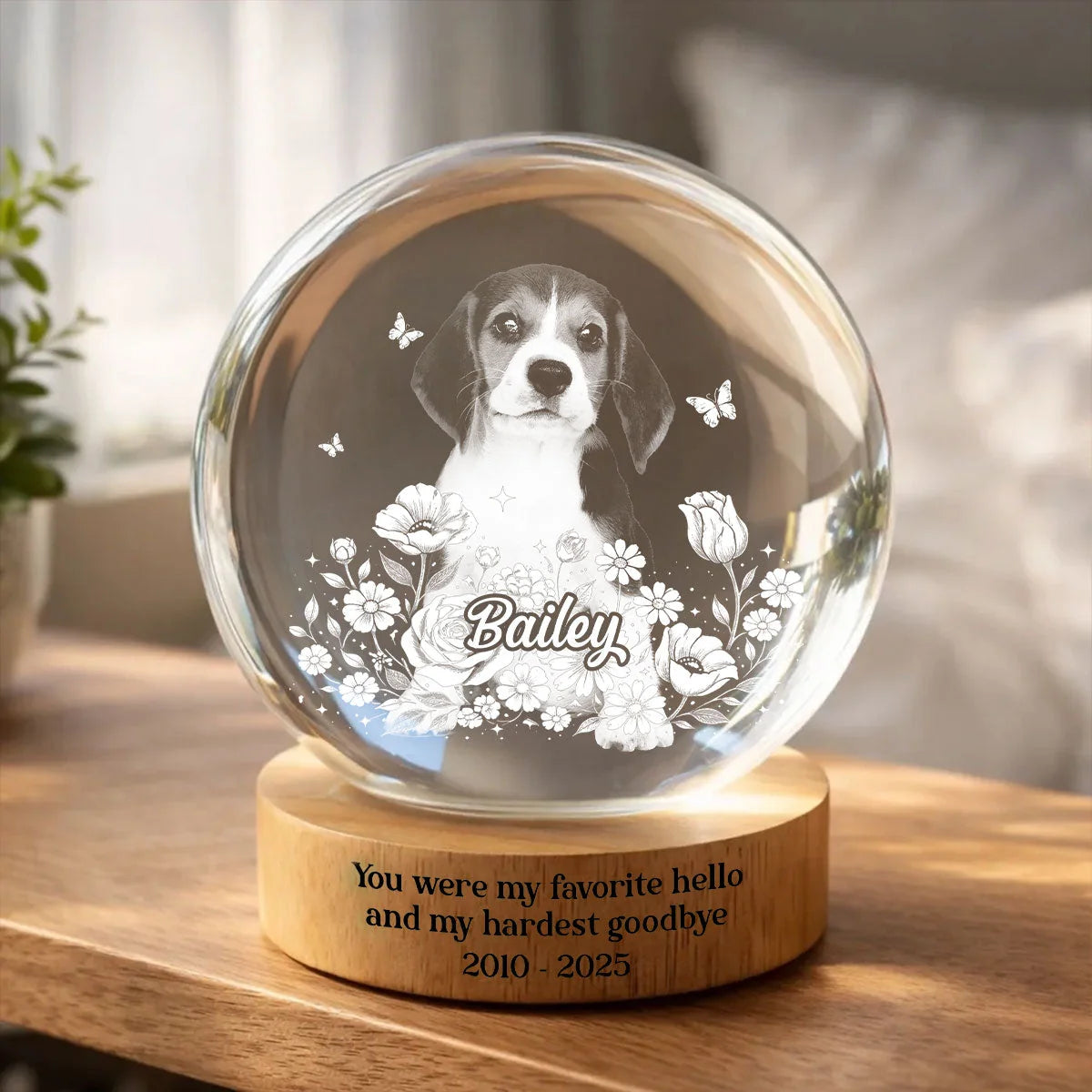 Personalized Pet Photo Crystal Sphere Night Lamp – Custom Dog & Cat Portrait 3D Etched LED Memorial Gift