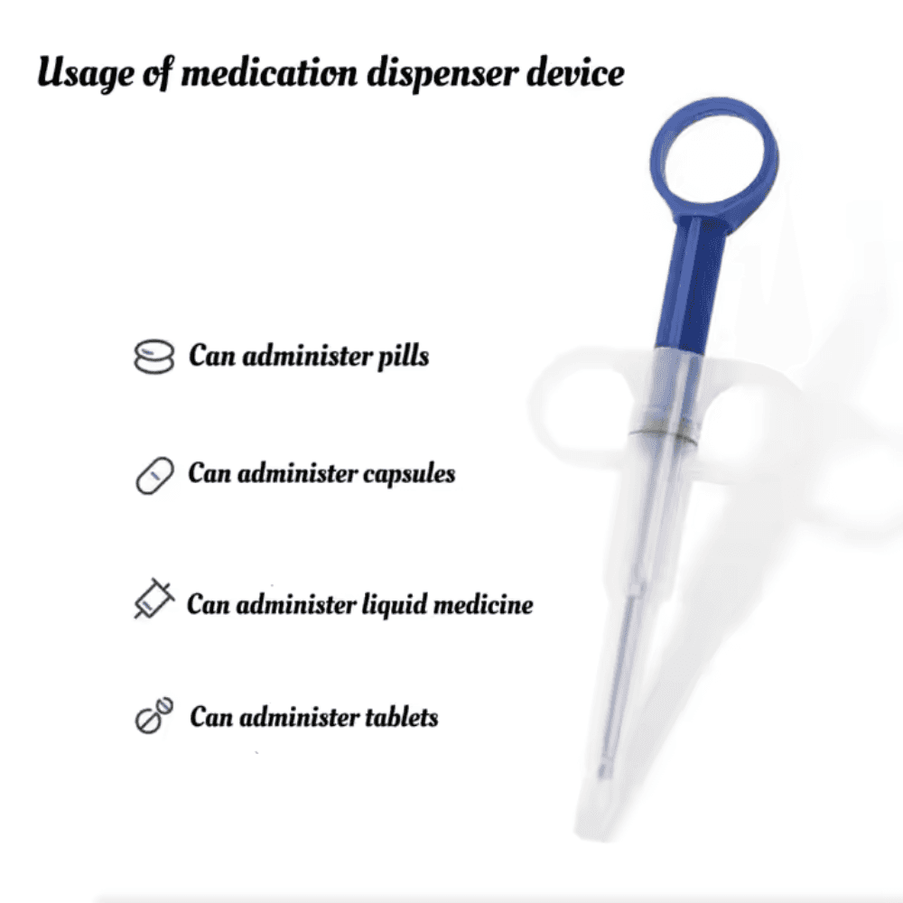 Instructional image showing Dogs Cats Feeding Medicine syringe with blue tip and icons for pills, capsules, tablets, and liquid use.