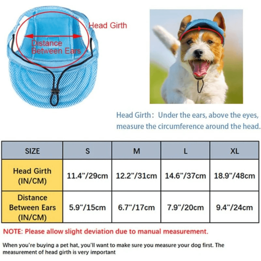 Mesh Pet Sun Hat sizing chart with head girth and ear distance measurements. Helps choose the right size for dogs of all breeds.