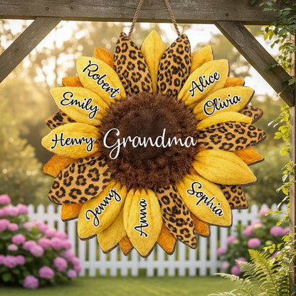 Personalisiertes Sonnenblumen-Familienname-Holztürschild für Mama oder Oma Geschenk – Unser Familienherz Andenken