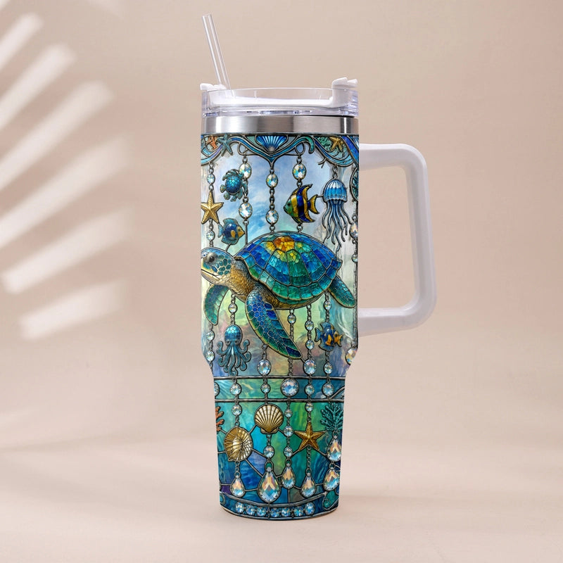 Personalized Ocean Turtle 40oz Tumbler with Handle, Custom Sea Turtle Stainless Steel Travel Cup with Straw, Gift for Turtle Lovers Women Men