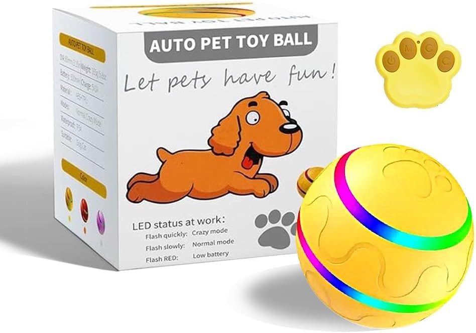 Yellow LED Remote-Controlled Interactive Toy Ball – Bouncy Light-Up Enrichment Toy for Dogs, Puppies, and Indoor Cats