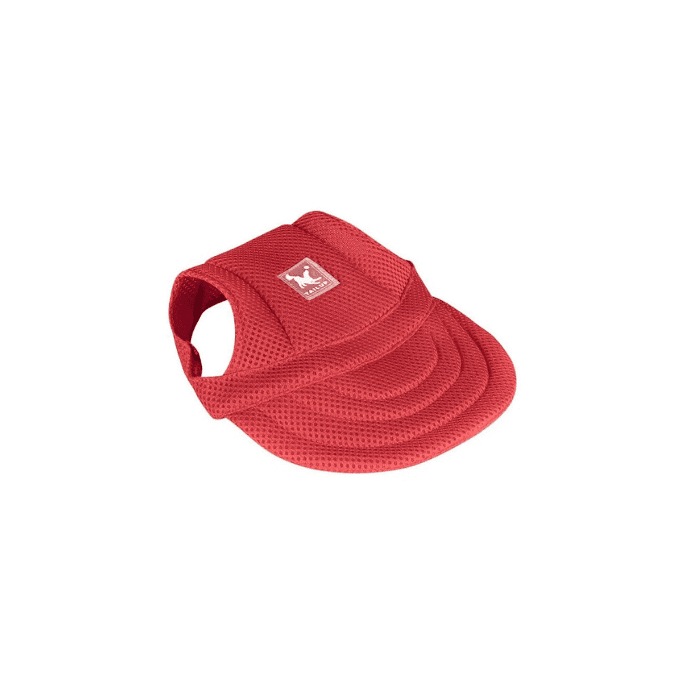 Red Mesh Pet Sun Hat with breathable fabric and curved brim. Lightweight and stylish pet accessory for sunny days.