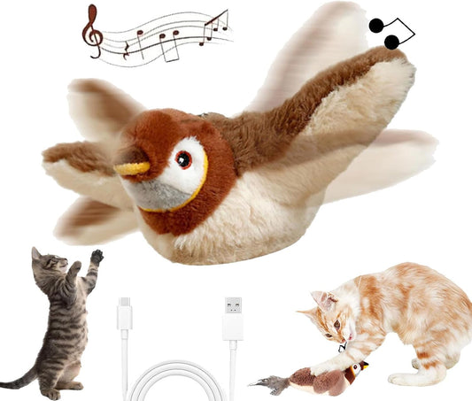 Wiederaufladbares Katzenspielzeug „Flatternder Vogel“ mit Geräuschen und Katzenminze
