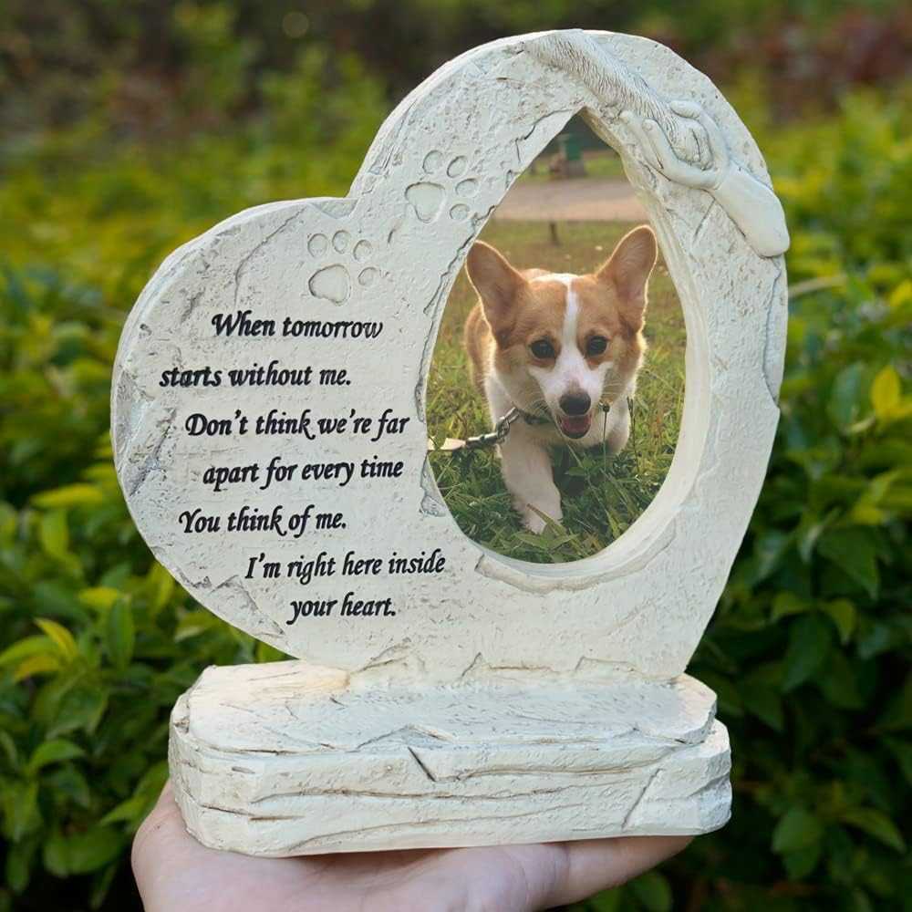 Heart Shaped Pet Dog Memorial Stones with Photo Frame, Pet Dog HeadStones Grave Markers, Loss of Pet Dog Sympathy Gifts Memorial Gifts Passing Away Gifts Outdoor or Indoor