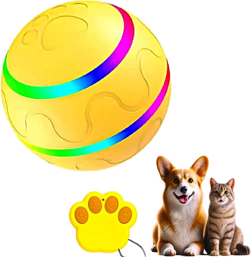 Yellow LED Remote-Controlled Interactive Toy Ball – Bouncy Light-Up Enrichment Toy for Dogs, Puppies, and Indoor Cats
