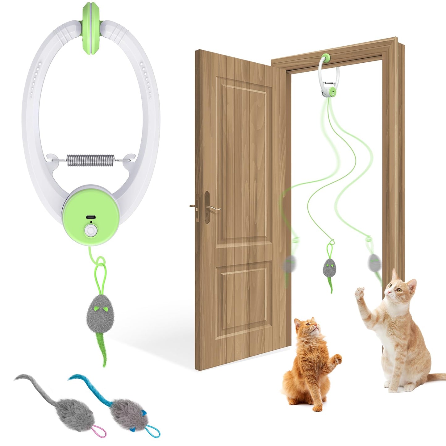 Cat Toy Interactive for Indoor Cats, Smart USB Rechargeable Door Hanging Automatic Retractable Kitten Toys, Teaser Electronic USB Self Play Feather Cat String Toy Attached with 3 Catnip Mice
