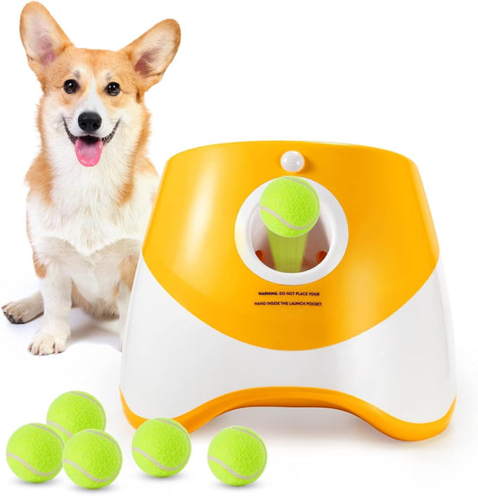 Dog Ball Thrower Launcher, Automatic Launcher with 6 Mini Tennis Balls, Interactive Dog Toys Indoor Outdoor Ball Thrower Machine for Small Dogs with 3 Distance Settings