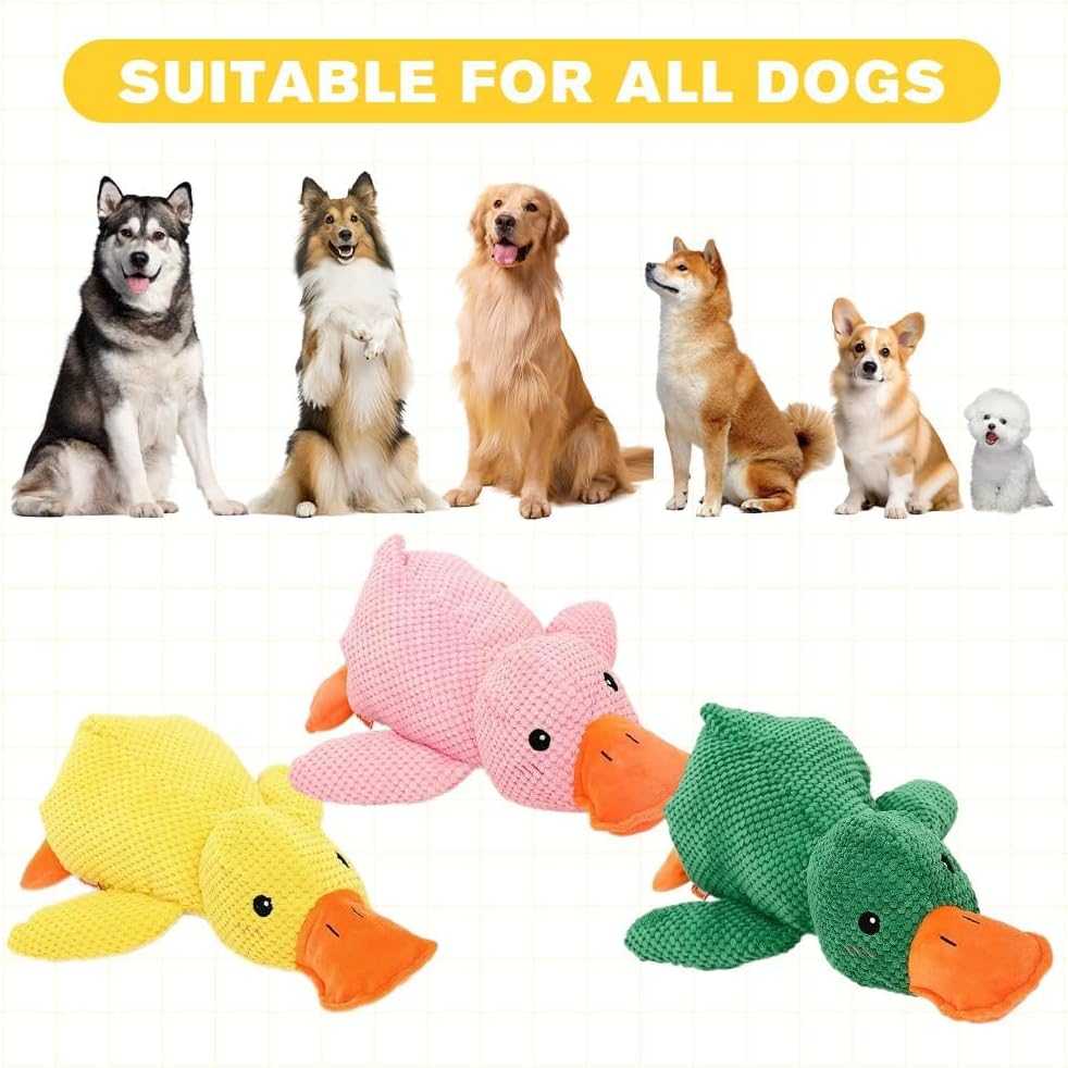 2025 Cute Yellow Calming Duck Dog Toy, Quack-Quack Duck Dog Toy, Cute Yellow Stuffed Calming Duck Dog Toys with Soft Squeaker, Interactive Dog Toys for Aggressive Chewers (Yellow)