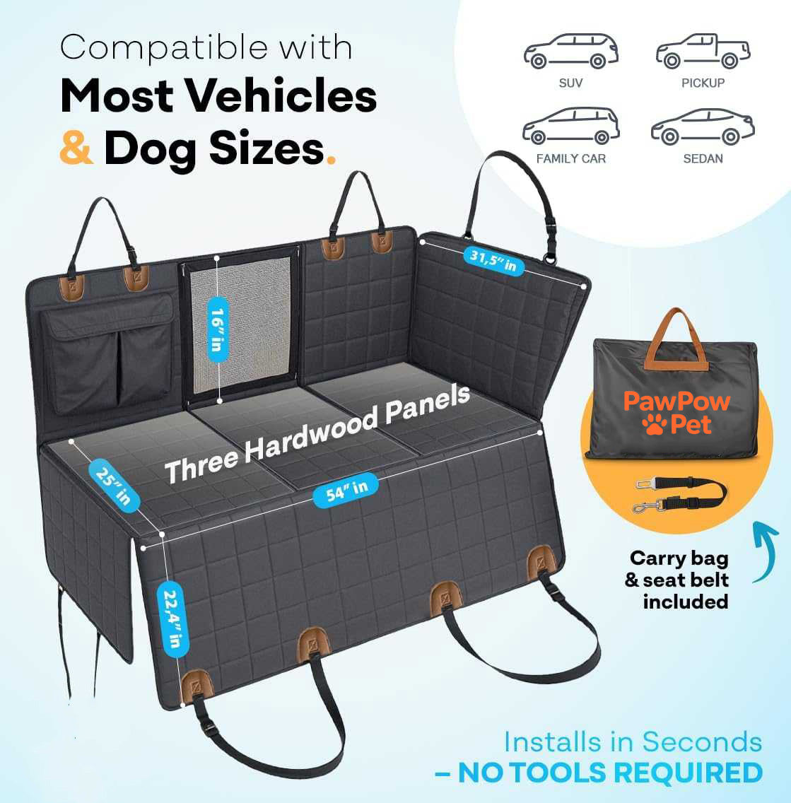 2025 Dog Car Seat Cover 2.0 for Back Seat Hard Bottom - Waterproof Backseat Extender for Dogs - Pet Hammock for Car, Truck, SUV