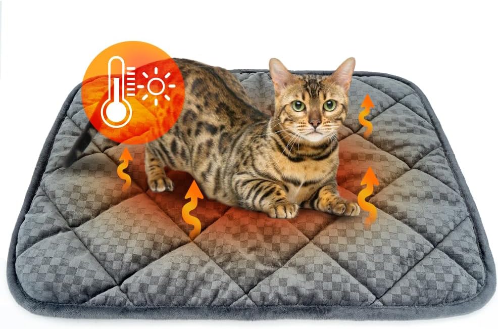 Dog Bed Self Warming, Polyester, Checkered Grey, Machine Washable, Anti-Slip, Pet Bed Mat for Indoor & Outdoor Pets