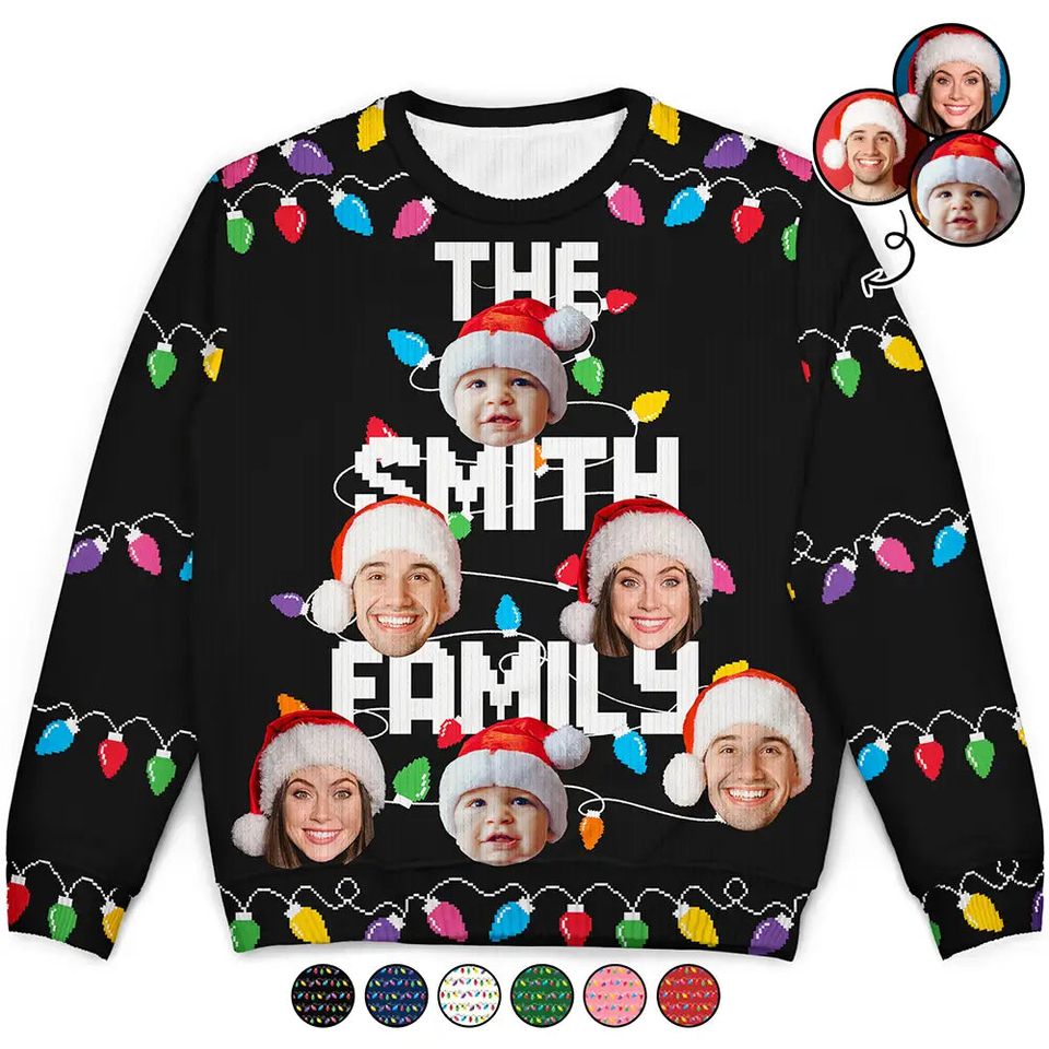 Custom Photo Christmas Light Family Name - Personalized Ugly Sweatshirt