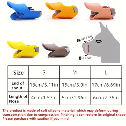 Dogs Anti Bite Stop size chart and color options. Soft silicone muzzles in S, M, L sizes for different snout lengths and widths.