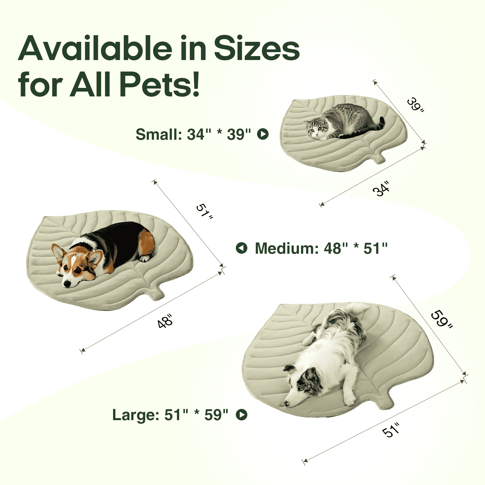 Leaf-Shaped Cooling Pet Mat size chart for small, medium, and large pets. Available in multiple dimensions for all breeds.