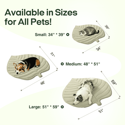 Leaf-Shaped Cooling Pet Mat size chart for small, medium, and large pets. Available in multiple dimensions for all breeds.