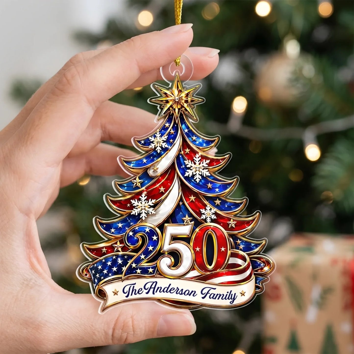 Ornament Patriotic Christmas Tree 250 - Personalized Acrylic Ornament 2d Flat, Custom Family Name America 250th Anniversary Christmas Gift, USA 1776-2026 Keepsake