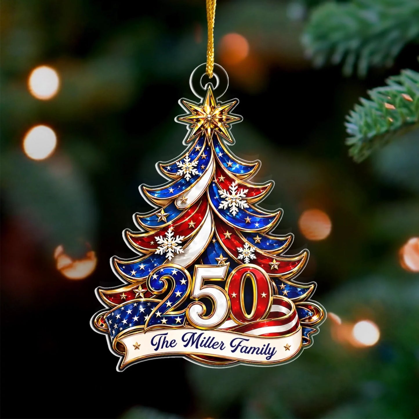 Ornament Patriotic Christmas Tree 250 - Personalized Acrylic Ornament 2d Flat, Custom Family Name America 250th Anniversary Christmas Gift, USA 1776-2026 Keepsake