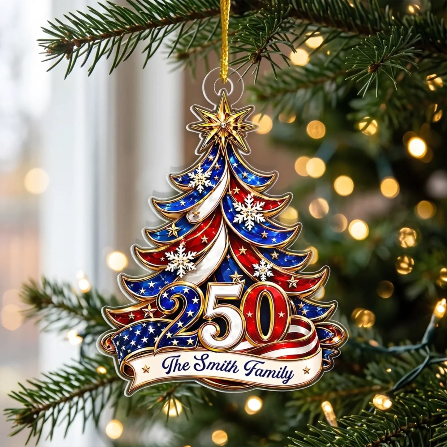 Ornament Patriotic Christmas Tree 250 - Personalized Acrylic Ornament 2d Flat, Custom Family Name America 250th Anniversary Christmas Gift, USA 1776-2026 Keepsake